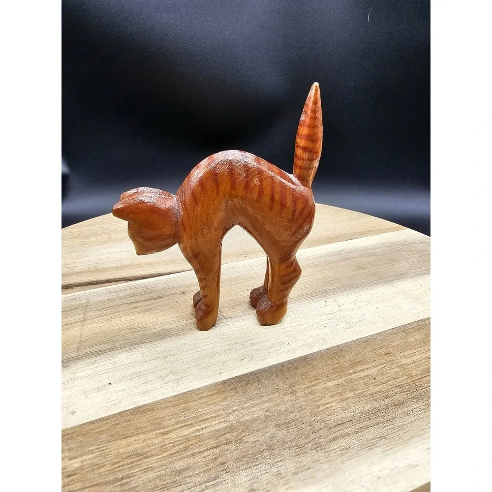Vintage Hand Carved Wooden Orange‎ Cat Arched Back